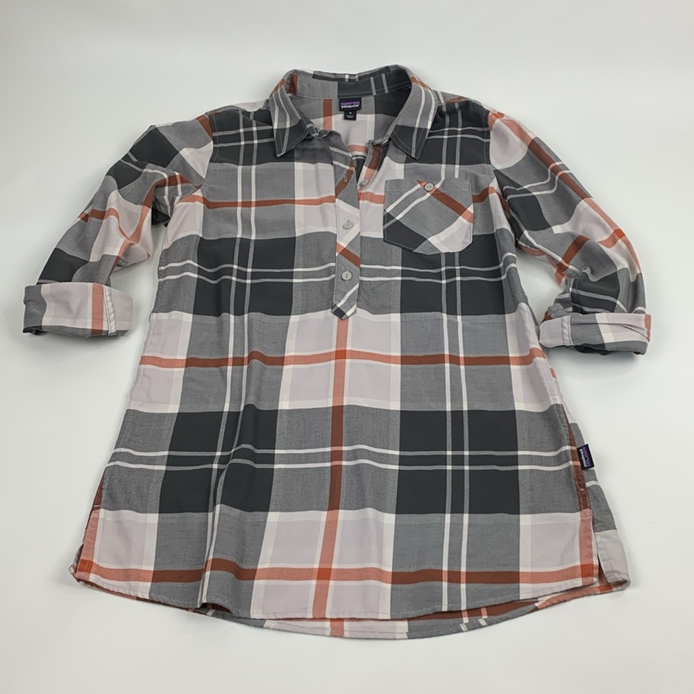 Patagonia Plaid Button-Up Shirt Tunic Gray Orange Creme Medium Organic Cotton